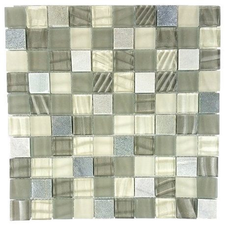 New Era II 1"x1" Square Glass and Stone Mosaic Tile,Shell Grey, Set of 11