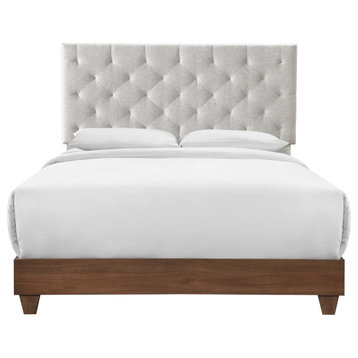 Rhiannon Diamond Tufted Upholstered Fabric Queen Bed, Walnut Beige