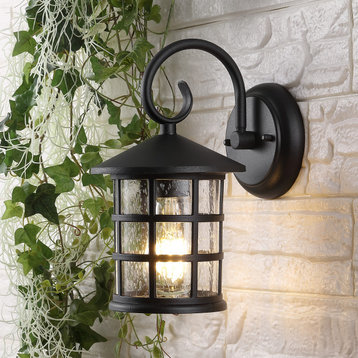 Cadiz 6" 1-Light Iron/Seeded Glass Rustic Outdoor Lantern, Black, Set of 2