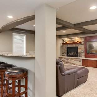 Large classic look-out basement in Chicago with grey walls, carpet, a standard fireplace, a stone fireplace surround and beige floors.