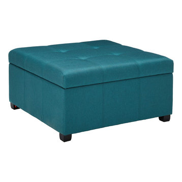 Storage Ottoman, Linen Fabric Upholstery With Deep Square Tufting, Dark Teal
