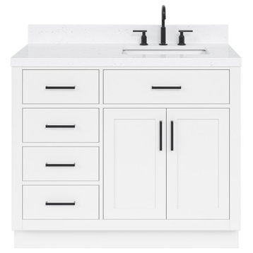 Ariel Hepburn 42" Right Offset Single Rectangle Sink Vanity, Carrara Quartz, White