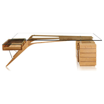 Midcentury Modern 1949 Protractor Wood and Glass Desk, Natural Ash