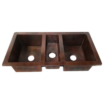 Large Undemount Kitchen Copper Sink Triple Basin, Without Matching Solid Copper