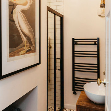 Beautiful modern vintage bathroom with wood accents