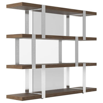 Modrest Brewer 4-Shelves Modern MDF Wood & Stainless Steel Bookshelf in Walnut