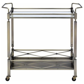 Two Tiered Metal Serving Cart With Glass Shelves and Side Rails, Antique Gold