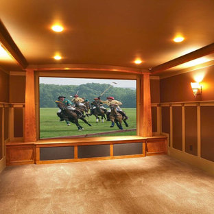 This is an example of a contemporary home cinema in New York.