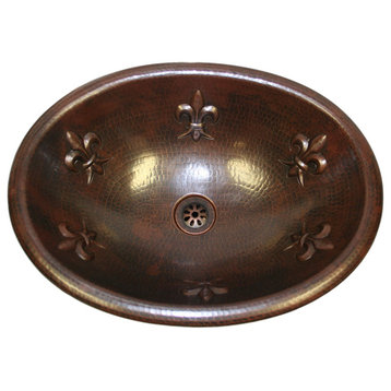 Rustic Aged Copper Oval Copper Bathroom Sink w/Fleur di Lis and Drain