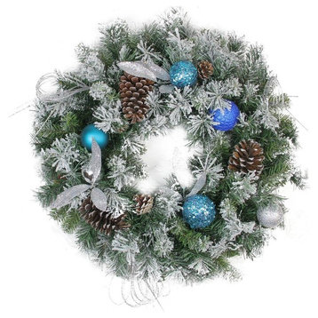 Teal and Silver Ball Flocked, Pine Cones Artificial Christmas Wreath, Unlit