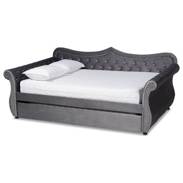 Grey Velvet Fabric Upholstered Crystal Tufted Queen Size Daybed with Trundle