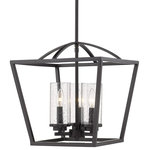 Golden Lighting - Mercer 3 Light Pendant, Matte Black With Matte Black accents and Seeded Glass - With seeded glass and a contemporary finish, the simplicity of the Mercer Collection is suitable for transitional to modern interiors. Bold, graphic lines in matte black create the open cage design. The fixtures are available in multiple accent colors to match or contrast the smooth cages. The rod-hung construction and square canopy complete the clean, modern look. This 3-Light pendant is perfect for intimate settings.