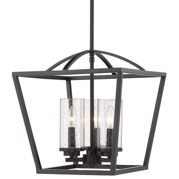 Mercer 3 Light Pendant, Matte Black With Matte Black accents and Seeded Glass