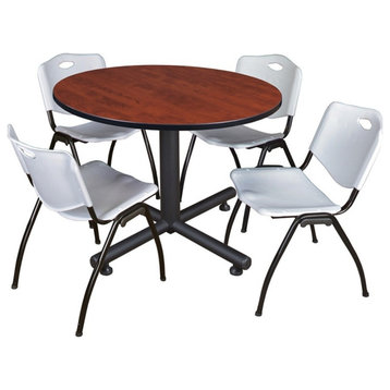 Kobe 48" Round Breakroom Table, Cherry and 4 'M' Stack Chairs, Gray