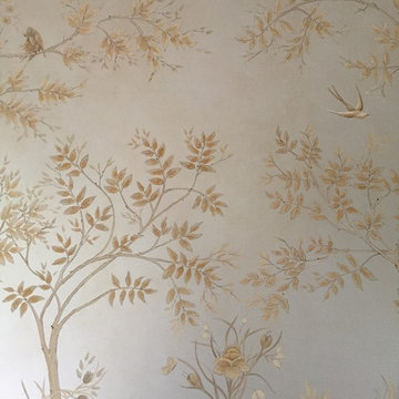 Tree Mural:  Close-Up - Stylized Silverleaf Finish with Birds, Trees and Foliage
