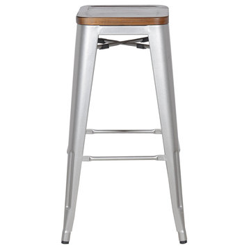 Highland Commercial Grade Stool with Wood Seat, Silver Pearl, Set of 4