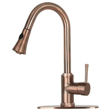 Copper Pull Down Kitchen Faucet With Deck Plate, Single Level Brass Sink Faucets, Antique Copper