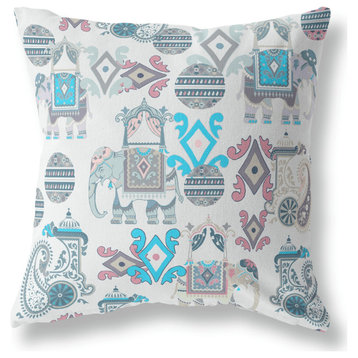18" Aqua and Gray Elephant Scroll Blown Closed Broadcloth Throw Pillow