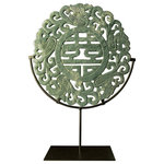 China Furniture and Arts - Chinese Jade Double Happiness Medallion with Iron Stand - The dragon has long been an auspicious symbol of power in Chinese culture. Circling the Chinese character, "Xi", or "Double Happiness", the dragon not only protects from harmful things, but also brings prosperity and good fortune. Completely hand-carved in ornamental jade and mounted on brass stand. Display it in living room or family room to bring good Chi and energy. Due to the hand-crafted nature of this product, color and size of the jade may vary slightly. Jade disc measures 12"dia.