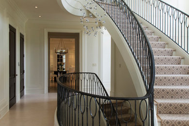 Inspiration for a large timeless carpeted curved metal railing staircase remodel in DC Metro with painted risers