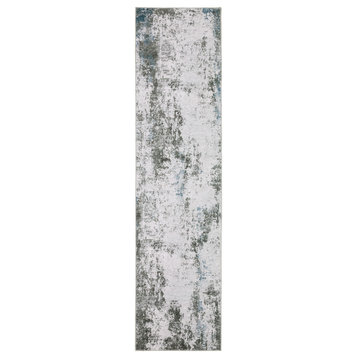 Michaela Machine Washable Marbled Grey/ Blue Indoor Area Rug, Grey, 2'x8'
