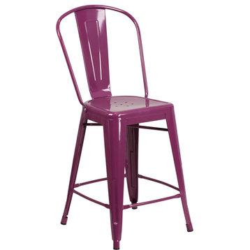 24" High Purple Metal Indoor Outdoor Counter Height Stool With Back