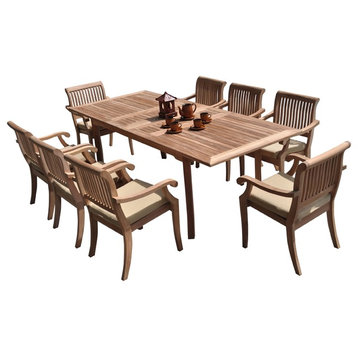 9-Piece Outdoor Teak Dining Set 94" Rectangle Table, 8 Arbor Stacking Arm Chairs