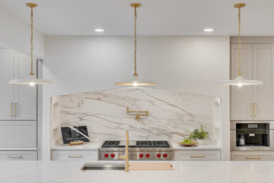 Large transitional l-shaped gray floor eat-in kitchen photo in DC Metro with an island, a drop-in sink, beaded inset cabinets, gray cabinets, marble countertops, multicolored backsplash, marble backsplash, stainless steel appliances and multicolored countertops