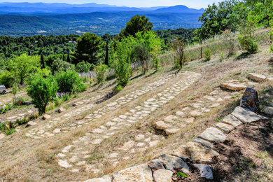 Exemple d'un jardin nature avec un chemin, une exposition ensoleillée, une pente, une colline ou un talus, des pavés en pierre naturelle et une clôture en bois.