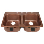 Sinkology - Santi 33" Drop-in Copper Double Bowl Kitchen Sink, 4-Hole Right Side - There's never enough space in the cabinet under your sink. The Santi copper kitchen sink offers rear offset drains to keep the pipes in the back of your cabinet and maximize your space without impacting the size of your sink. The double bowl design allows space for washing and drying at the same time. Our durable, solid copper sinks are hand-hammered by skilled craftsman and protected by our lifetime warranty.