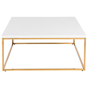 Teresa Square Coffee Table, White and Brushed Gold Stainless Steel