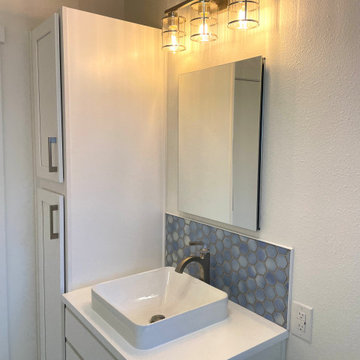 BATHROOM - Complete Remodel Tub-to-Shower White Cabinets, White Hex Floor
