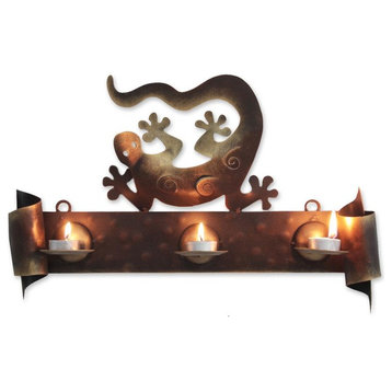 Handmade Happy Gecko Iron candleholder - Mexico