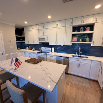 Open-Concept White Kitchen Remodel with Navy Backsplash in Arlington, VA