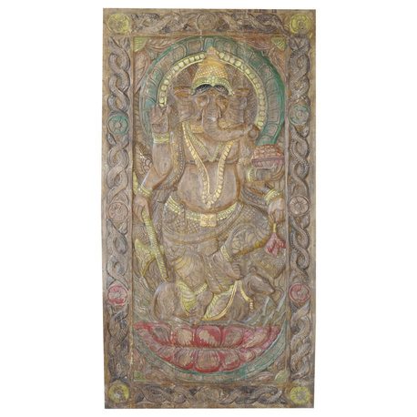 Consigned Vintage Ganesha Wall Sculpture Zen Carved Wood Door 72