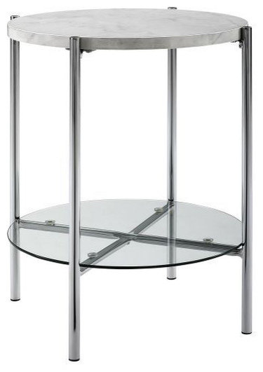 Walker Edison Modern Round Side Table, Faux White Marble/Glass/Chrome ...