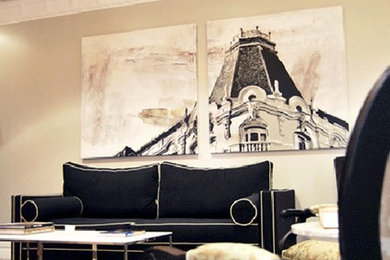 Imagen de salón clásico renovado con paredes beige y suelo de baldosas de cerámica