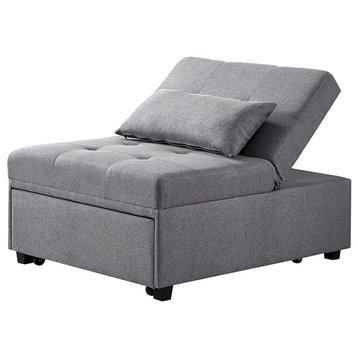 Convertible Sleeper Chair, Tufted Microfiber Upholstered Seat With Pillow, Grey