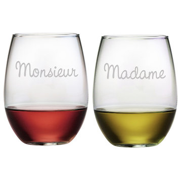 "Monsieur" and "Madame" 2-Piece Stemless Wine Glass Set