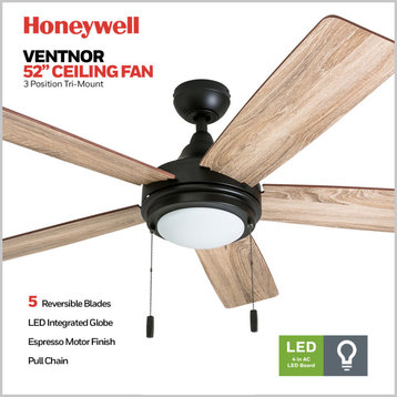 Honeywell Ventnor Modern Ceiling Fan With Light, 52", Bronze