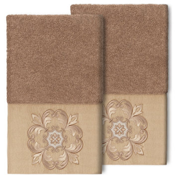 100% Turkish Cotton Alyssa 2-Piece Embellished Hand Towel Set, Latte