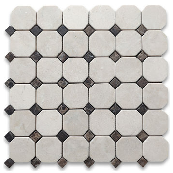 Crema Marfil Marble 2 inch Octagon Mosaic Tile Emperador Dots Tumbled, 1 sheet