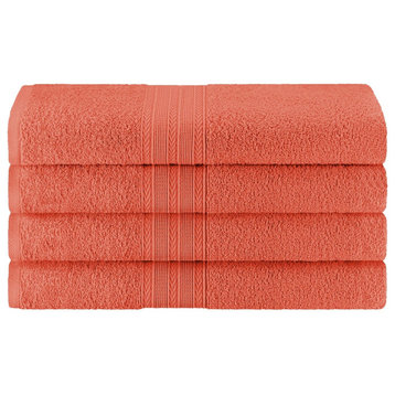 4 Piece Cotton Solid Quick Drying Bath Towel, Coral