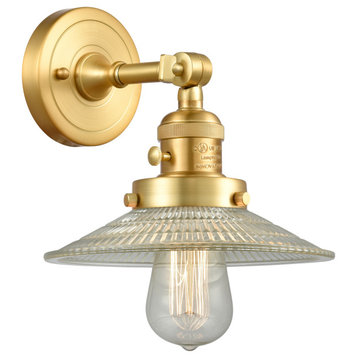 Halophane Sconce With Switch, Satin Gold, Clear Halophane