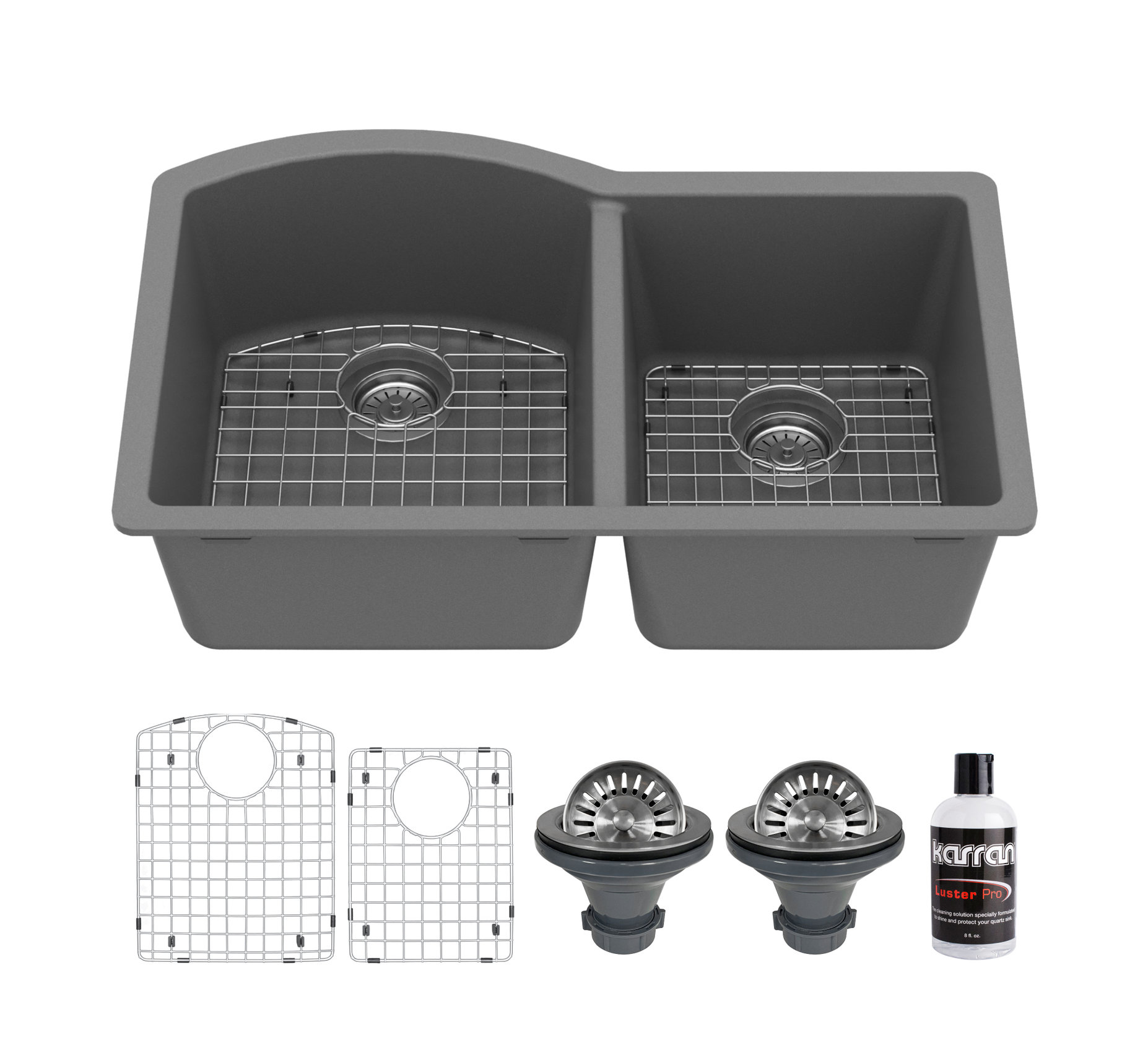 Karran Undermount Quartz 32" 60/40 Double Bowl Kitchen Sink Kit, Grey