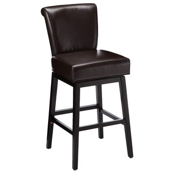 Transitional Swivel Bar Stool, Armless Design With Faux Leather Seat, Dark Brown