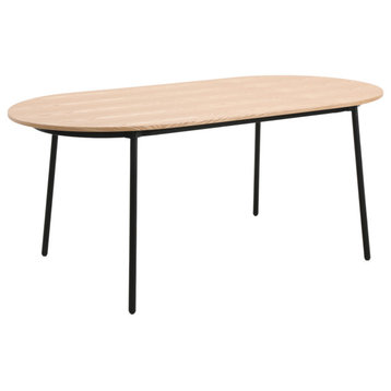 LeisureMod Tule 71" Oval Dining Table With MDF Top and Steel Legs, Natural Wood