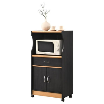 Hodedah Microwave Contemporary Wooden Kitchen Cart in Black-Beige Finish