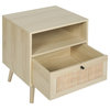 Modern Nightstand Rattan Side Table With Storage End Table With Solid Wood Legs