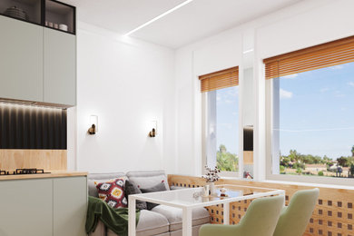 Пример оригинального дизайна: маленькая гостиная комната в современном стиле с белыми стенами и зоной отдыха для на участке и в саду